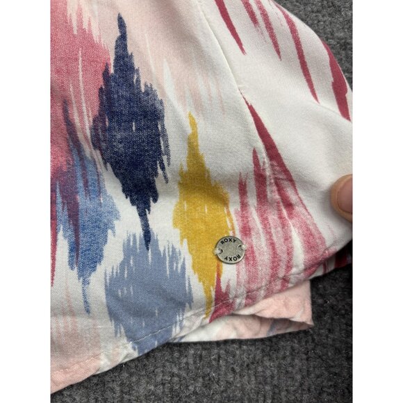 Roxy Shirt Womens US 8 Medium Pink Blue Ikat Print Sleeveless V Neck Boho Wrap - Picture 2 of 7